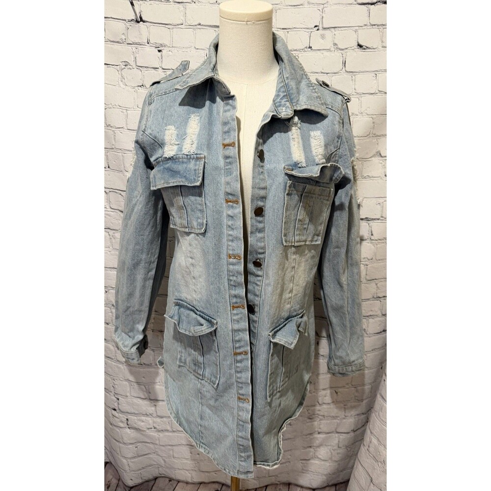 Tanming Long Distressed Jean Jacket Coat - Size Medium